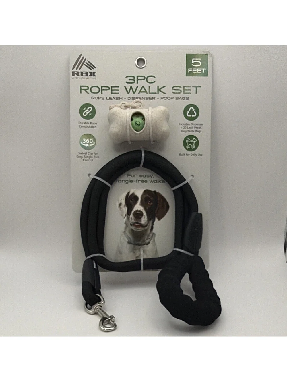 RBX Active 3PC Rope Walk Set 5 ft Rope Dog Leash, Dispenser & Poop Bags Black